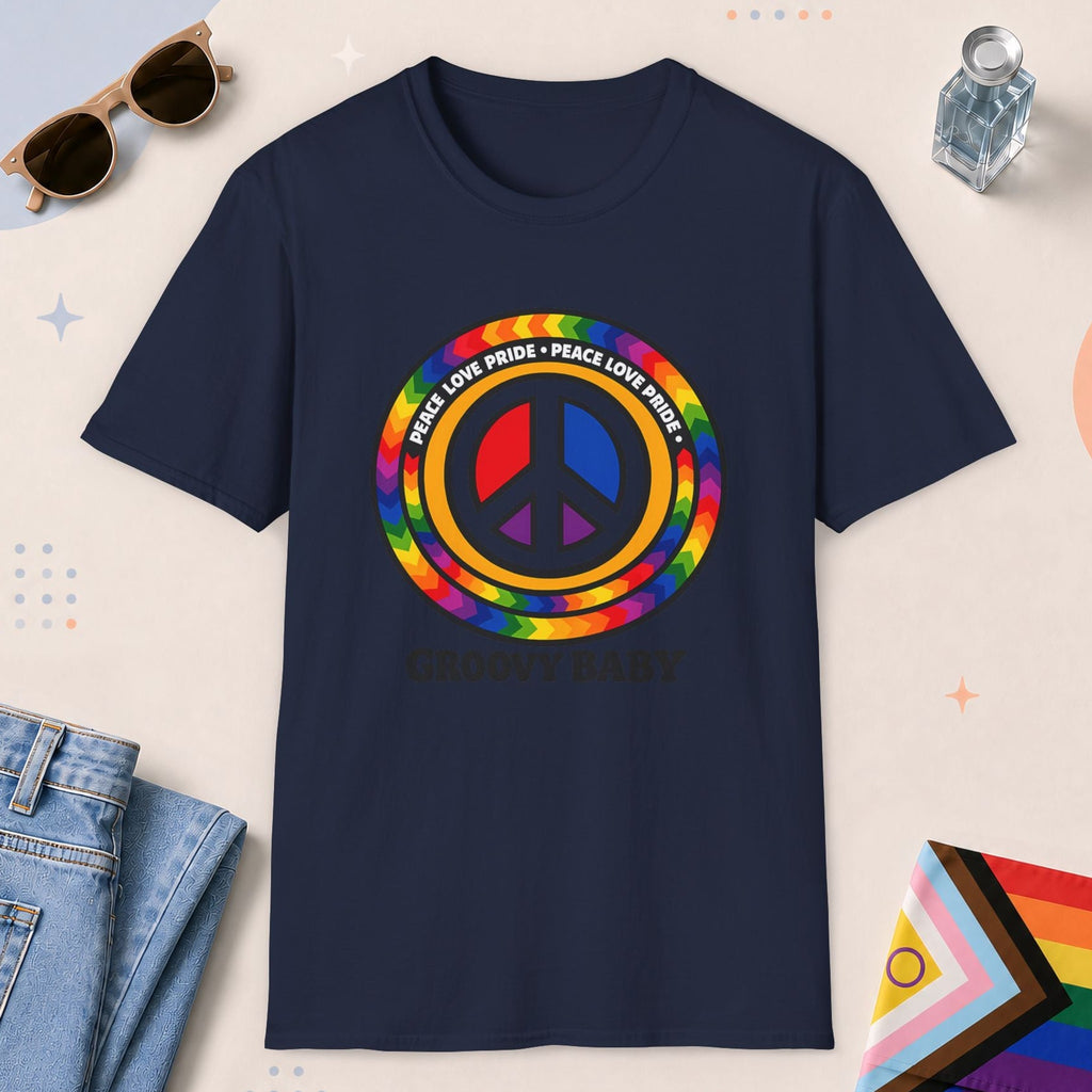 Navy color all-gender graphic t-shirt with "Groovy Baby" design