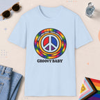 Light Blue color all-gender graphic t-shirt with "Groovy Baby" design