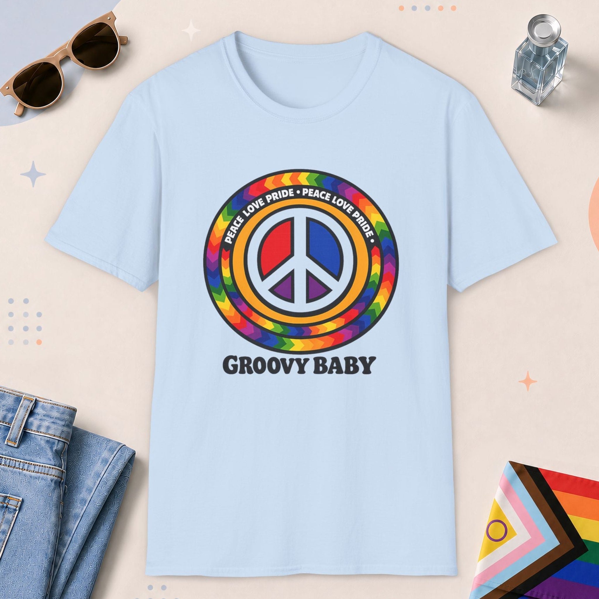 Light Blue color all-gender graphic t-shirt with "Groovy Baby" design