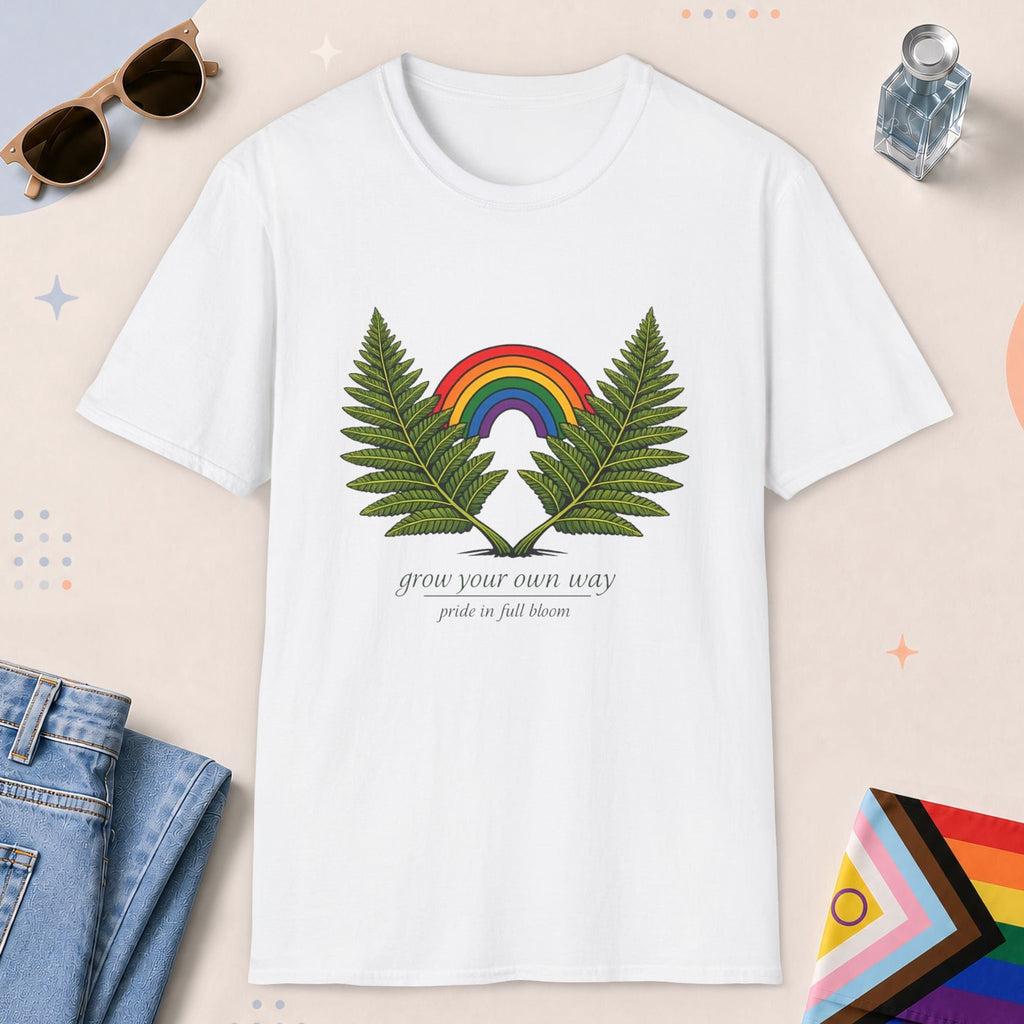 White color all-gender graphic t-shirt with "Grow Your Own Way" design