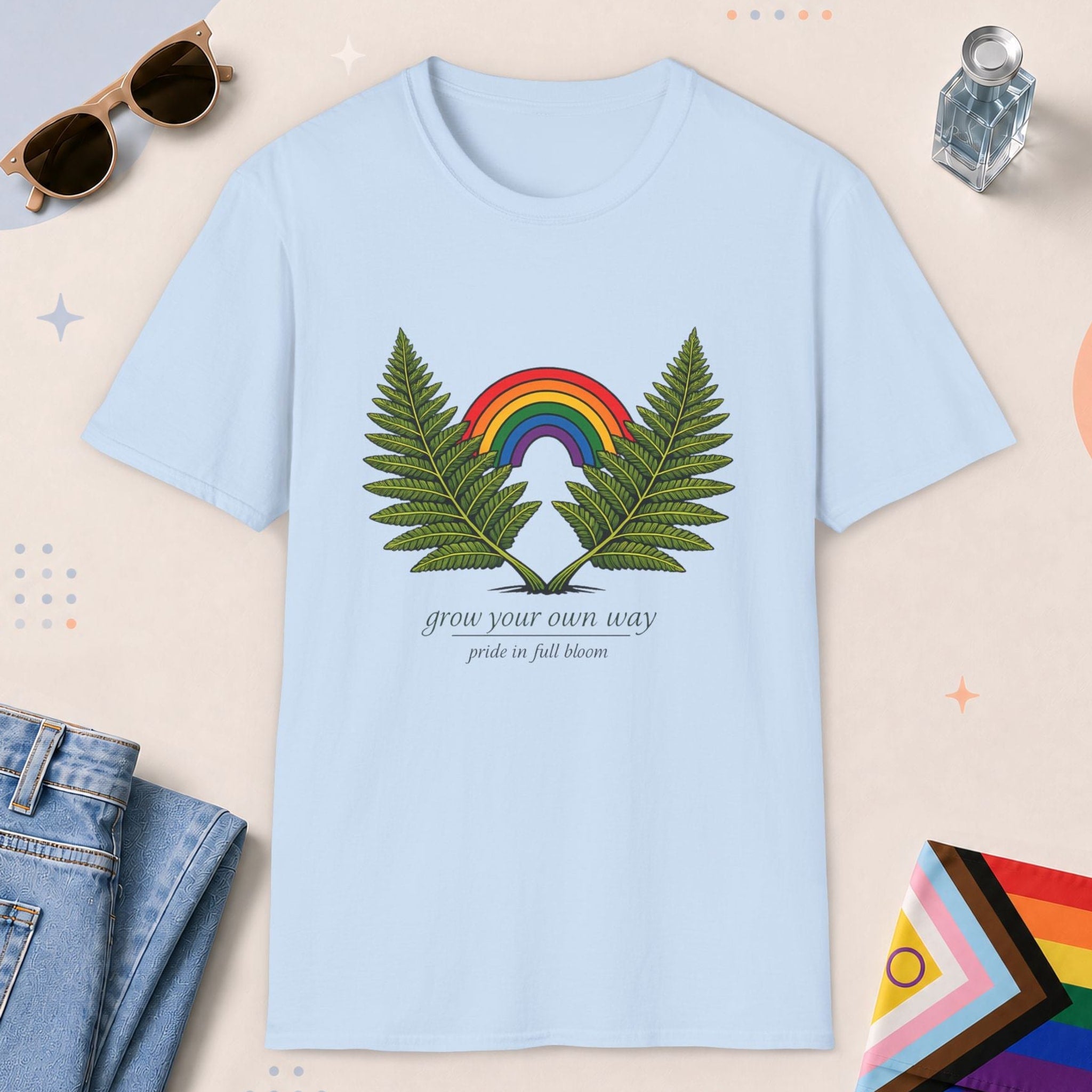 Light Blue color all-gender graphic t-shirt with "Grow Your Own Way" design