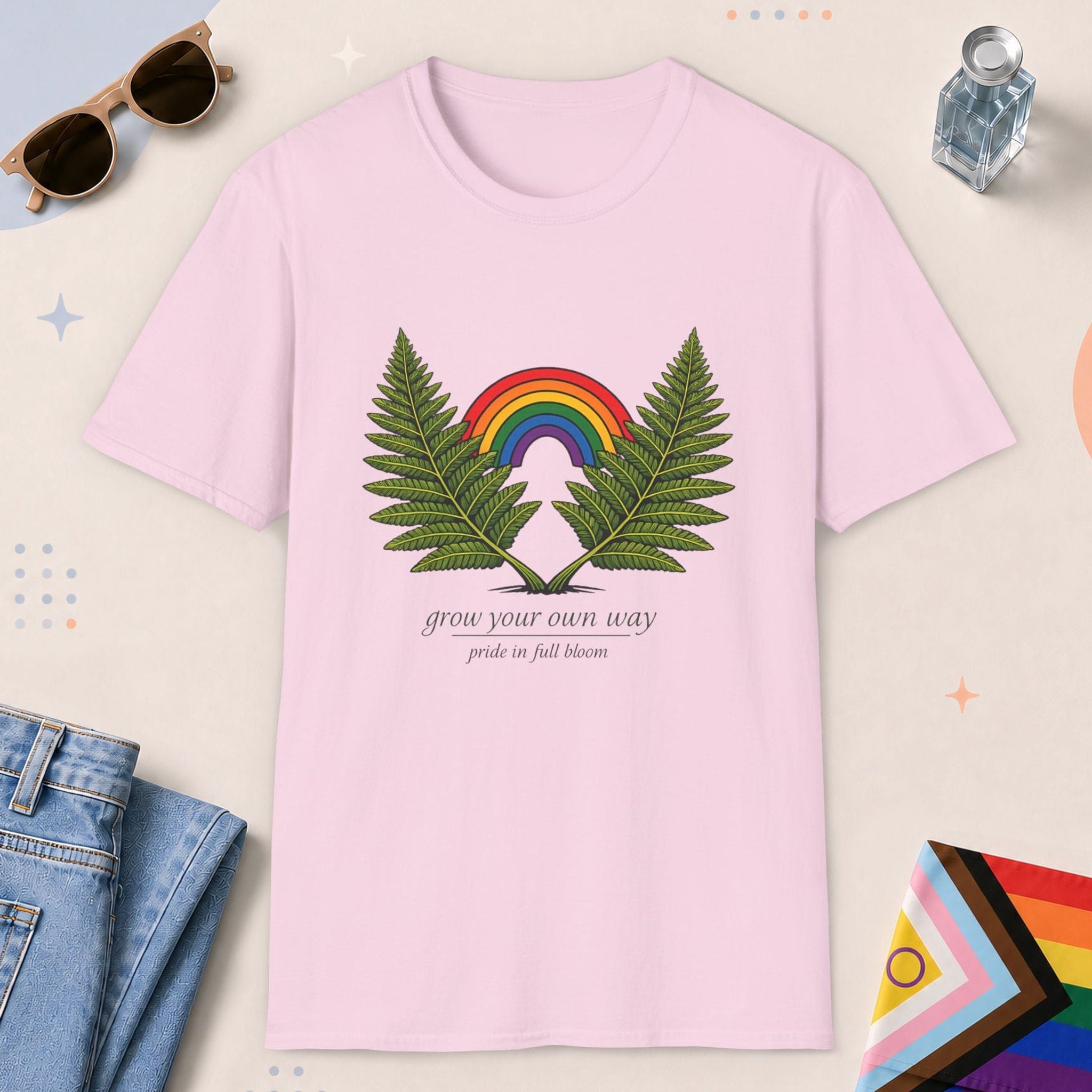 Light Pink color all-gender graphic t-shirt with "Grow Your Own Way" design