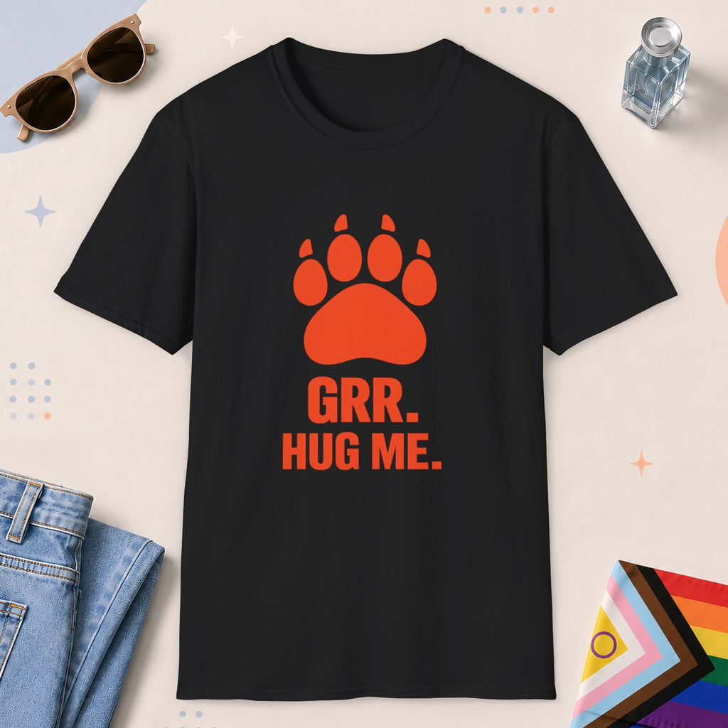 Black color all-gender graphic t-shirt with "Grr Hug Me" design