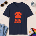 Navy color all-gender graphic t-shirt with "Grr Hug Me" design