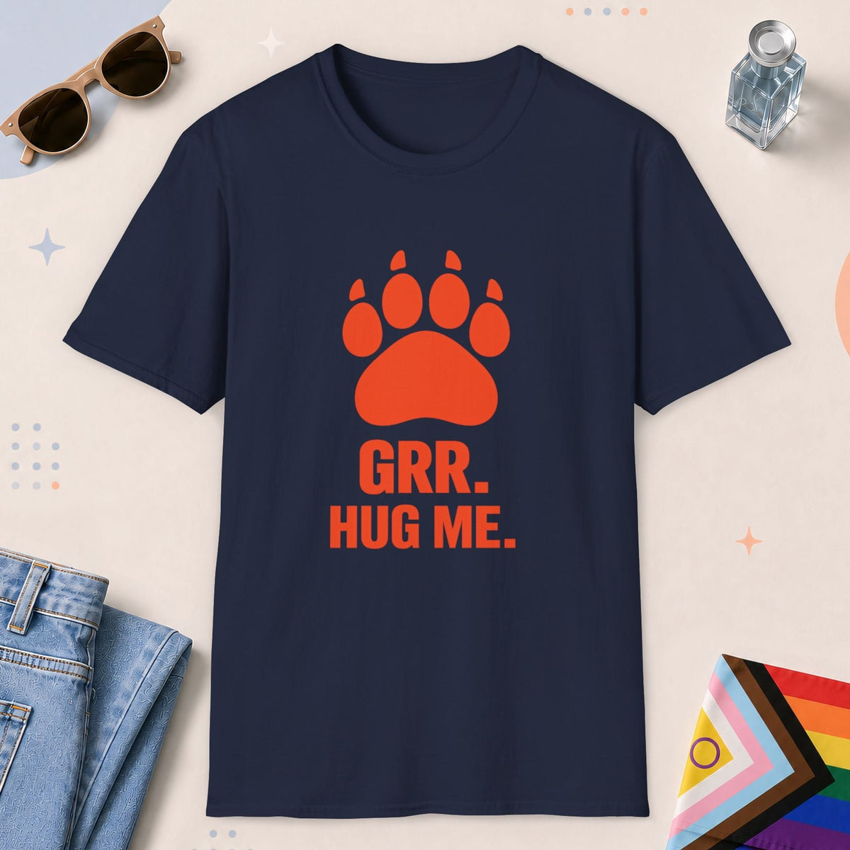 Navy color all-gender graphic t-shirt with "Grr Hug Me" design