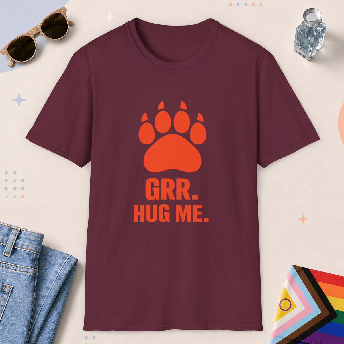 Maroon color all-gender graphic t-shirt with "Grr Hug Me" design