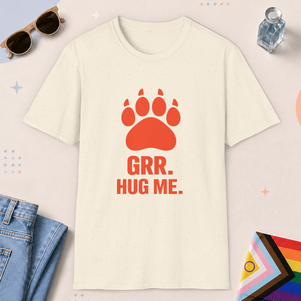 Natural color all-gender graphic t-shirt with "Grr Hug Me" design