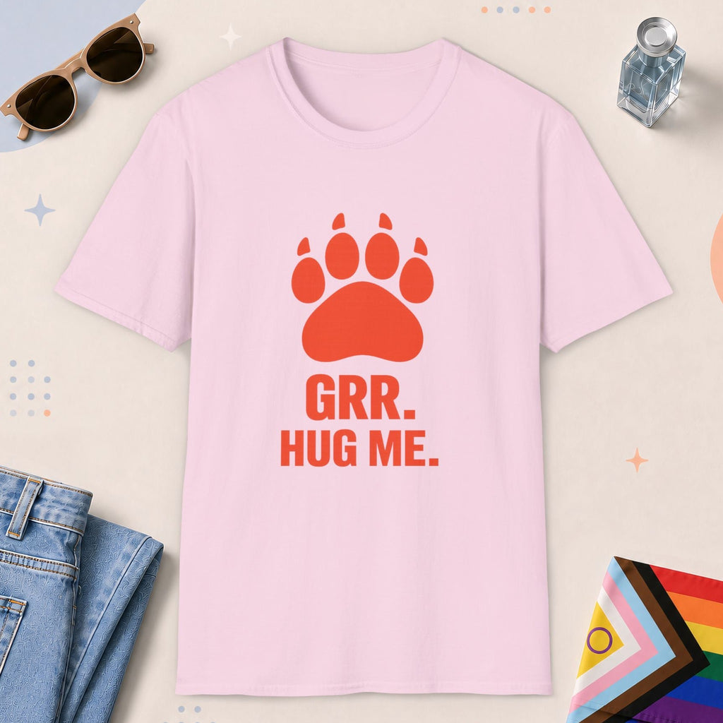 Light Pink color all-gender graphic t-shirt with "Grr Hug Me" design