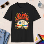 Black color all-gender graphic t-shirt with "Happy Camper" design