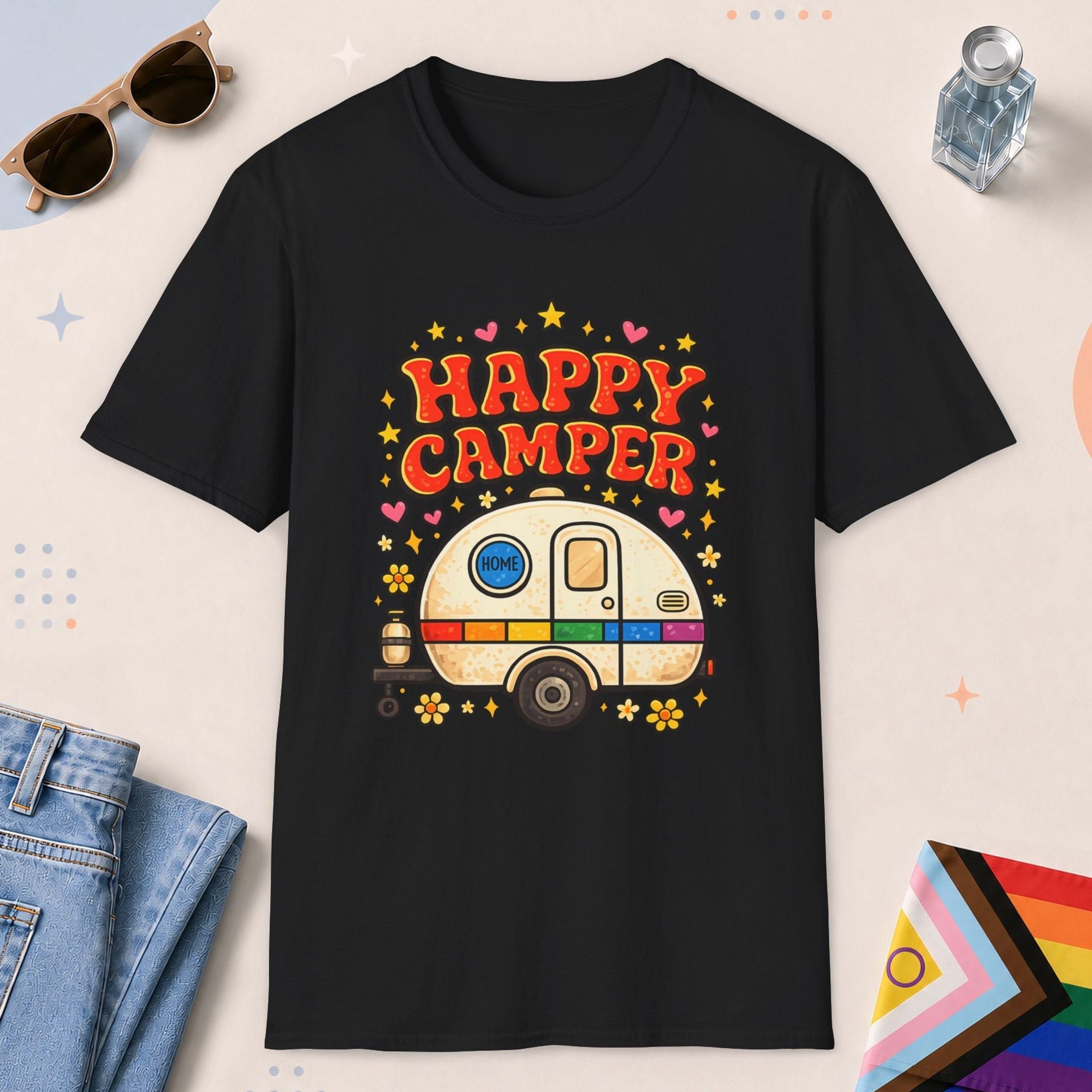 Black color all-gender graphic t-shirt with "Happy Camper" design
