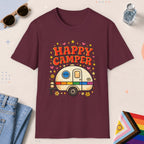 Maroon color all-gender graphic t-shirt with "Happy Camper" design