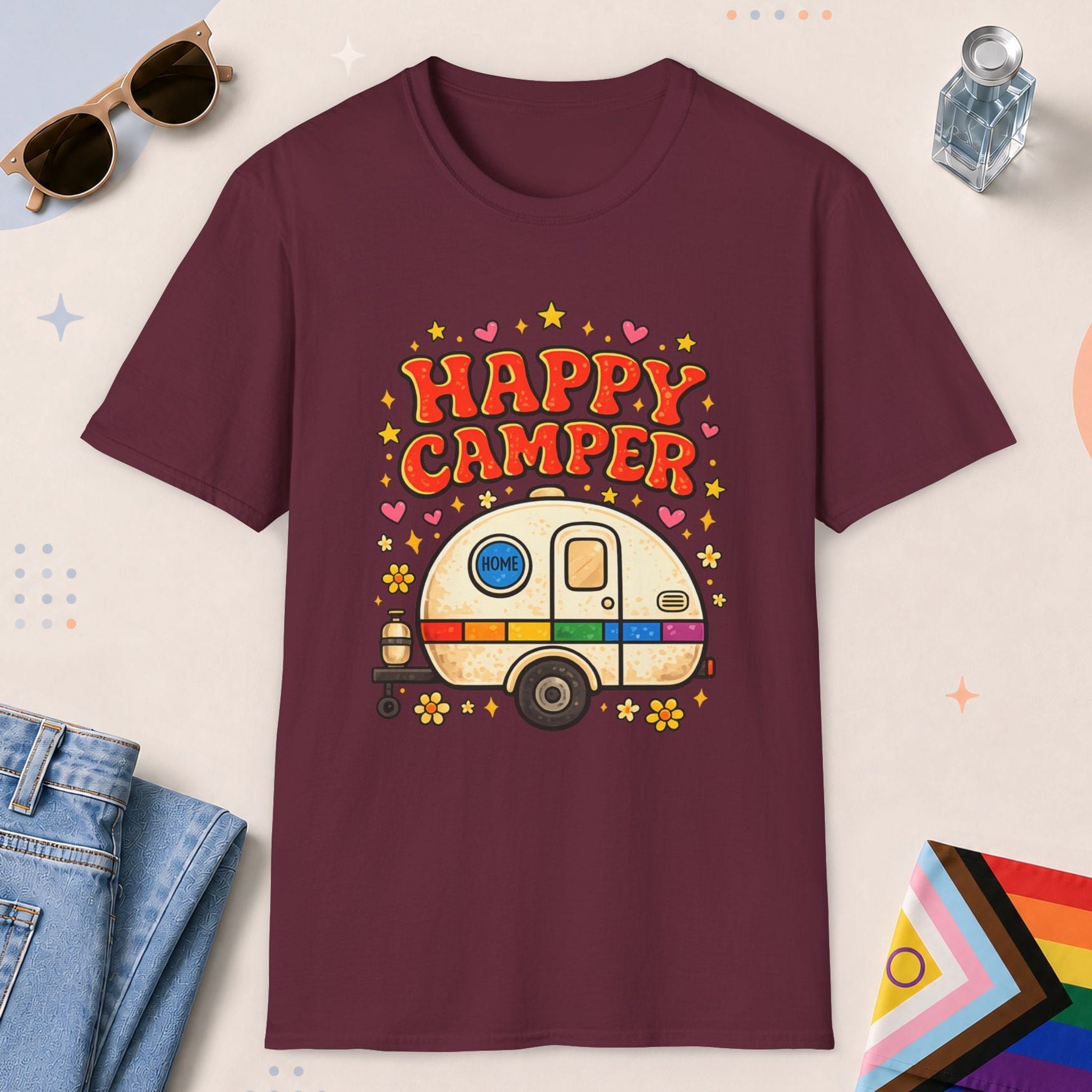 Maroon color all-gender graphic t-shirt with "Happy Camper" design