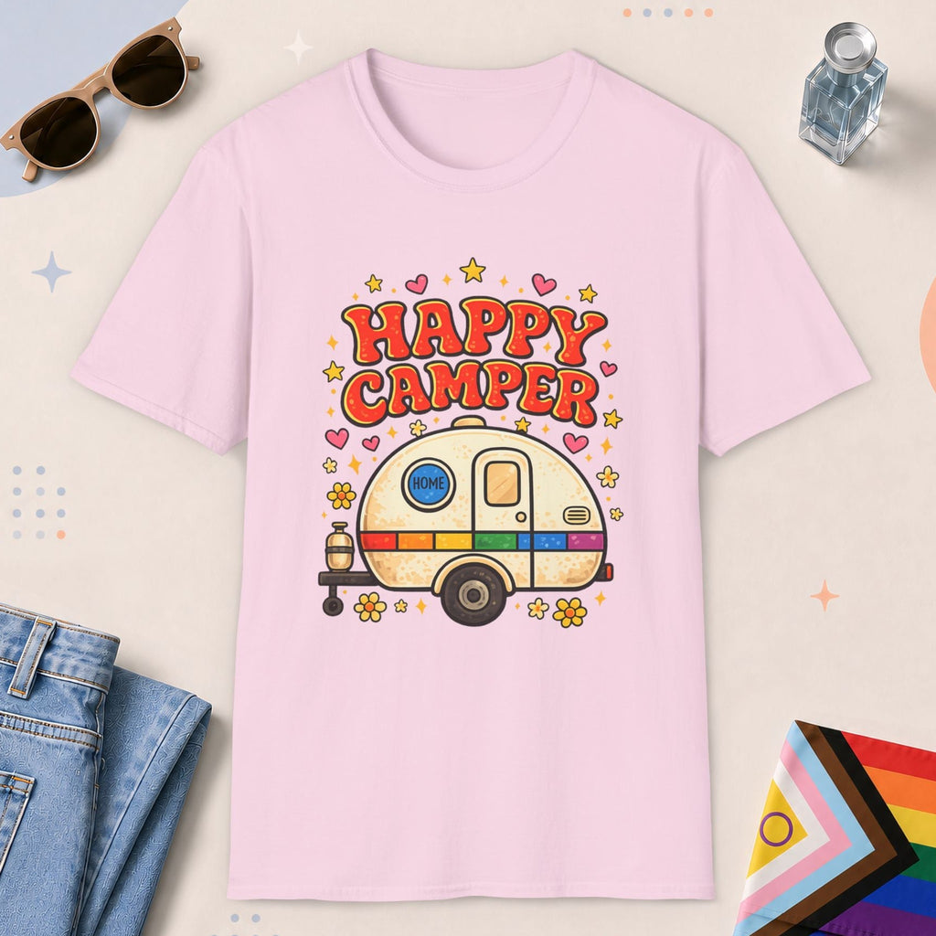 Light Pink color all-gender graphic t-shirt with "Happy Camper" design