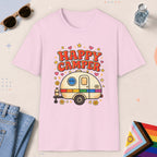 Light Pink color all-gender graphic t-shirt with "Happy Camper" design
