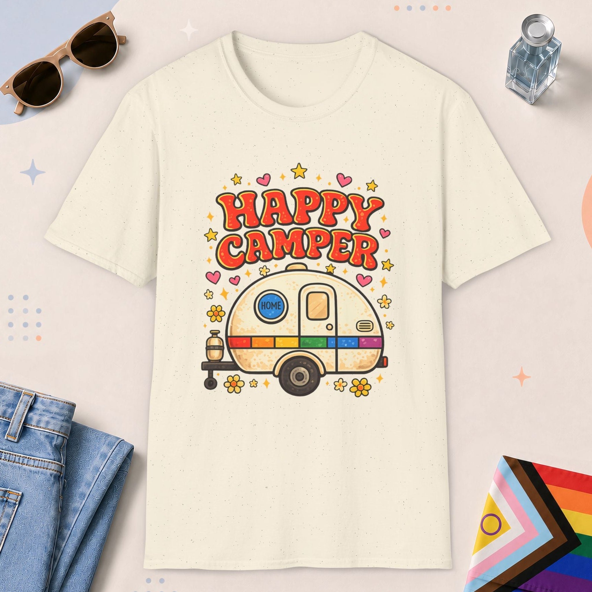 Natural color all-gender graphic t-shirt with "Happy Camper" design