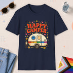 Navy color all-gender graphic t-shirt with "Happy Camper" design