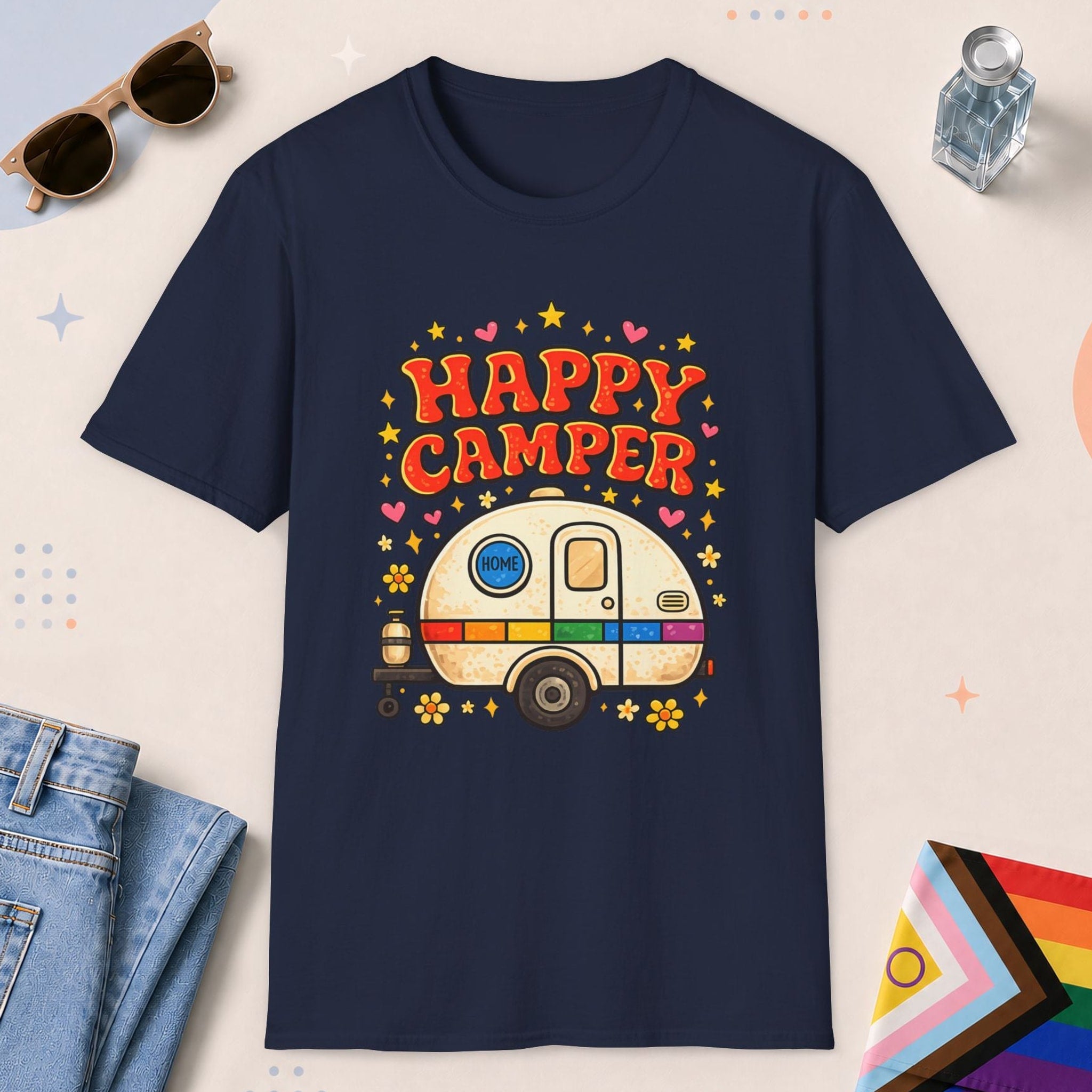 Navy color all-gender graphic t-shirt with "Happy Camper" design