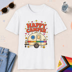 White color all-gender graphic t-shirt with "Happy Camper" design
