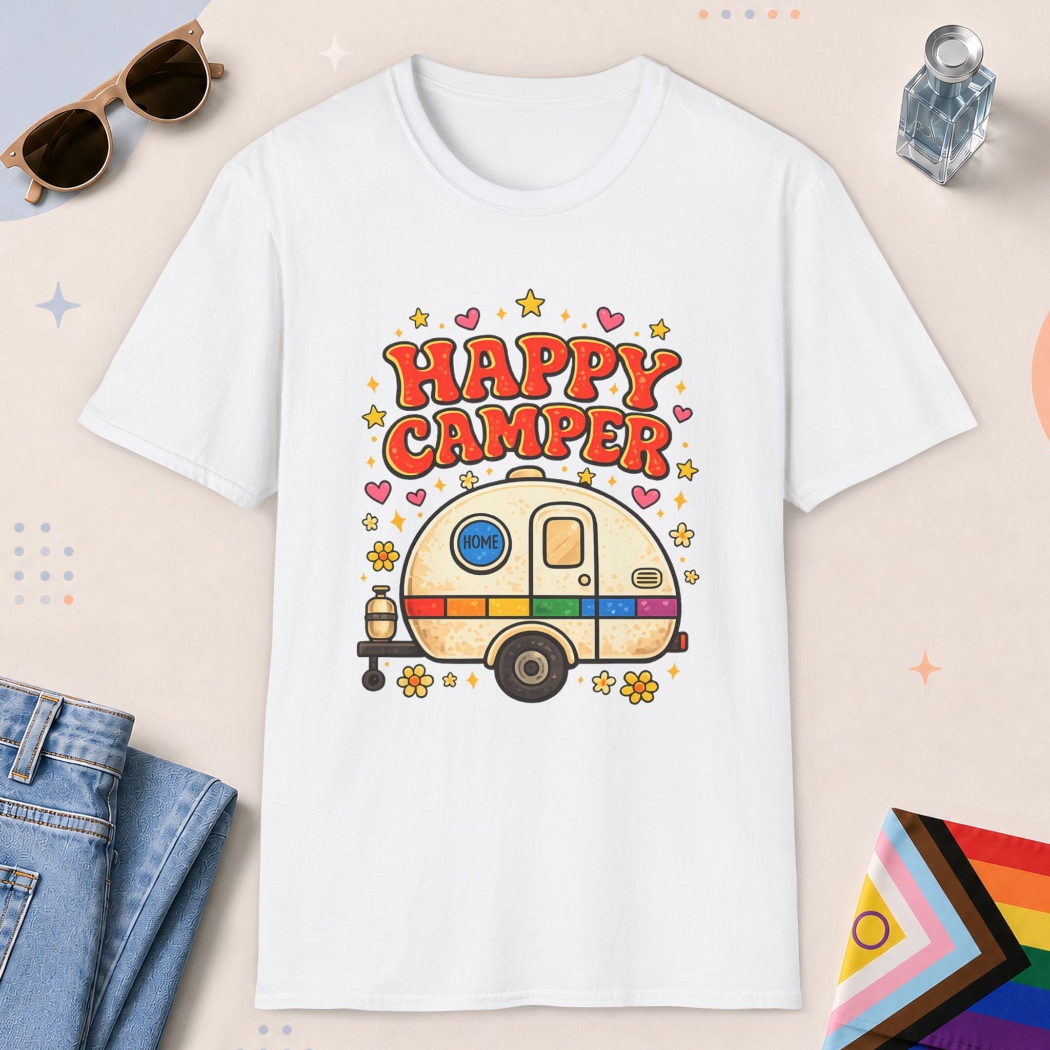 White color all-gender graphic t-shirt with "Happy Camper" design