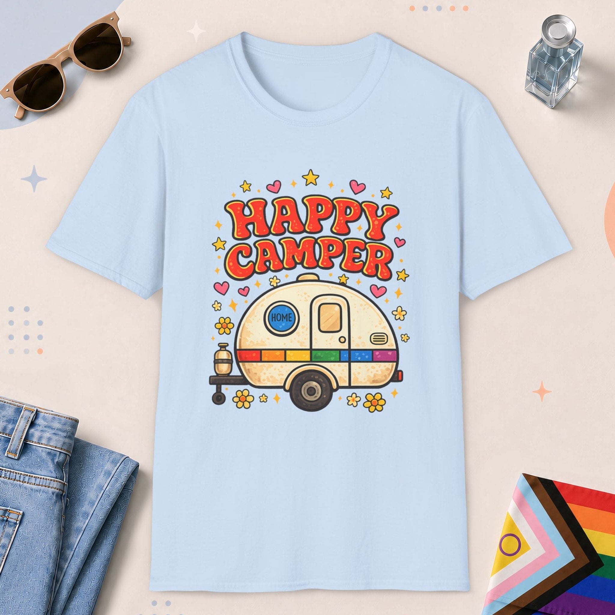 Light Blue color all-gender graphic t-shirt with "Happy Camper" design