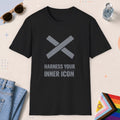 Black color all-gender graphic t-shirt with "Harness Inner Icon" design
