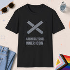 Black color all-gender graphic t-shirt with "Harness Inner Icon" design