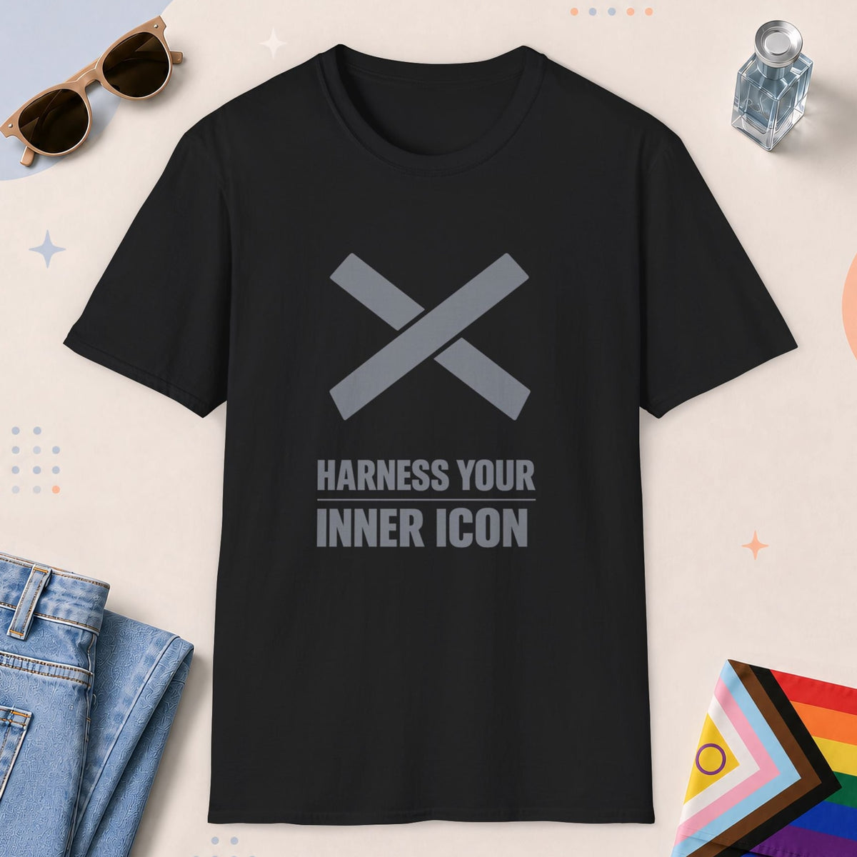 Black color all-gender graphic t-shirt with "Harness Inner Icon" design