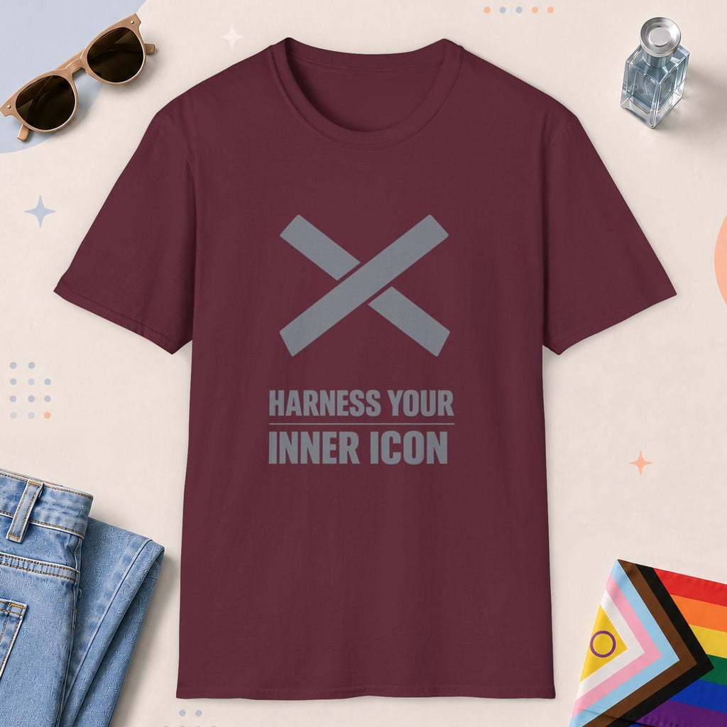 Maroon color all-gender graphic t-shirt with "Harness Inner Icon" design