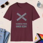 Maroon color all-gender graphic t-shirt with "Harness Inner Icon" design