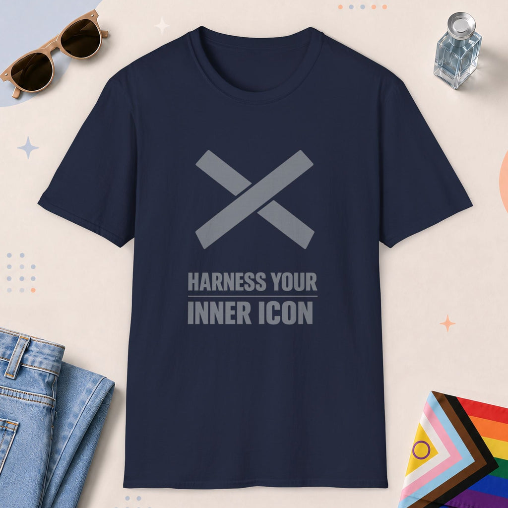 Navy color all-gender graphic t-shirt with "Harness Inner Icon" design