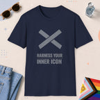 Navy color all-gender graphic t-shirt with "Harness Inner Icon" design