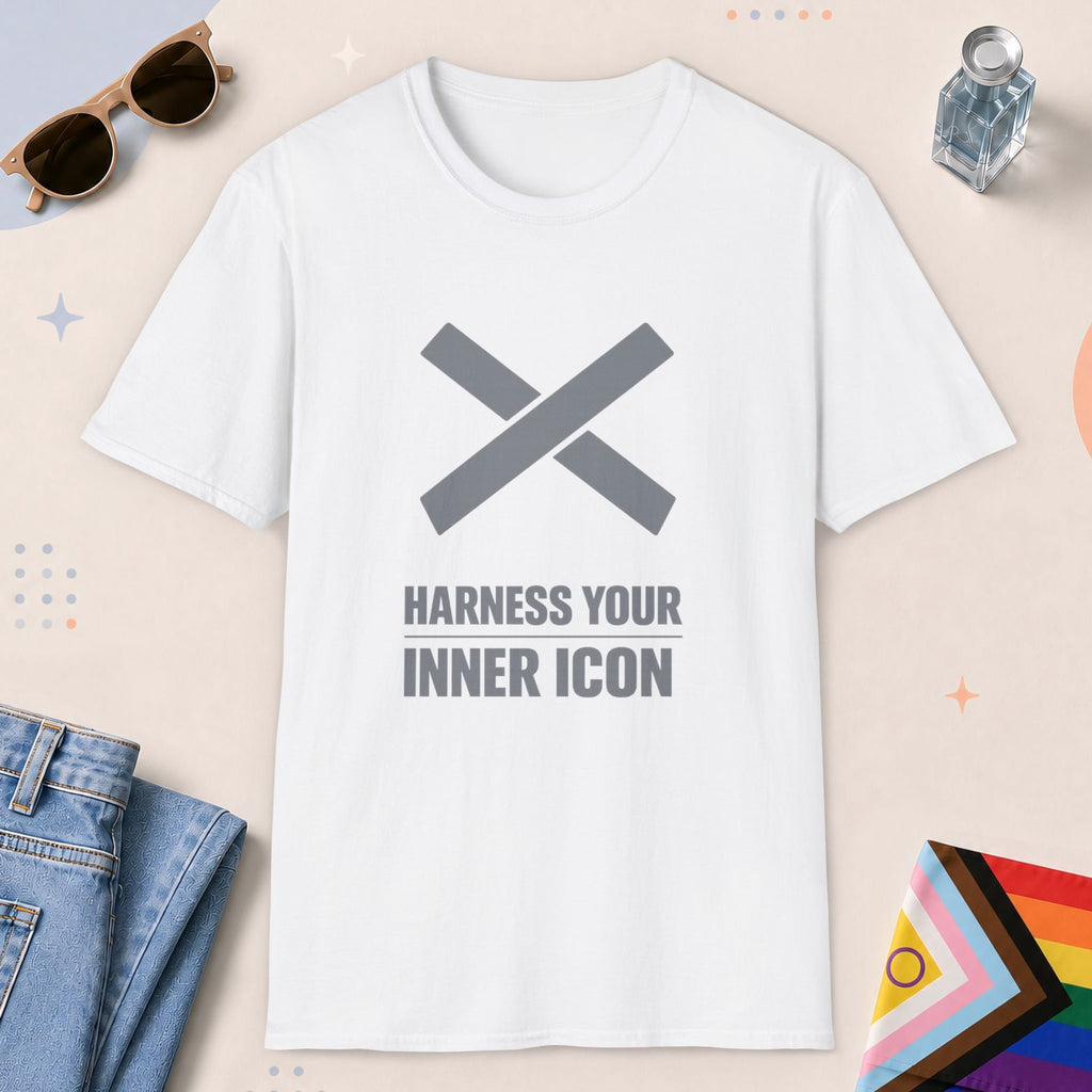 White color all-gender graphic t-shirt with "Harness Inner Icon" design