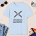 Light Blue color all-gender graphic t-shirt with "Harness Inner Icon" design