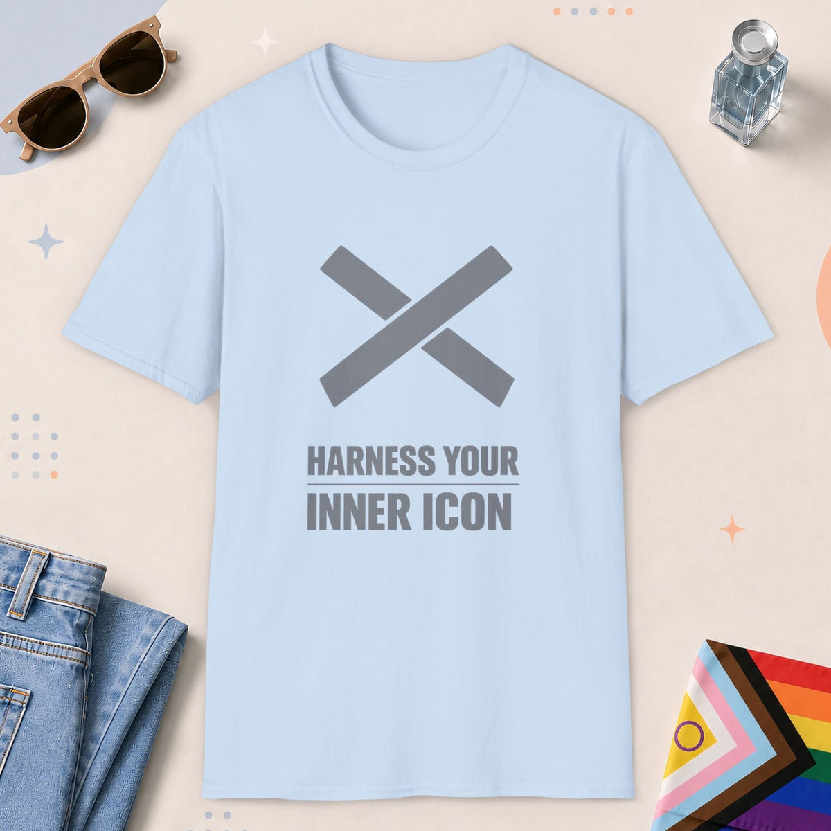 Light Blue color all-gender graphic t-shirt with "Harness Inner Icon" design
