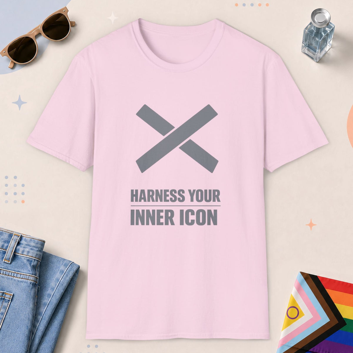 Light Pink color all-gender graphic t-shirt with "Harness Inner Icon" design