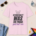 Light Pink color all-gender graphic t-shirt with "Heterosexuality Phase" design