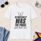 White color all-gender graphic t-shirt with "Heterosexuality Phase" design