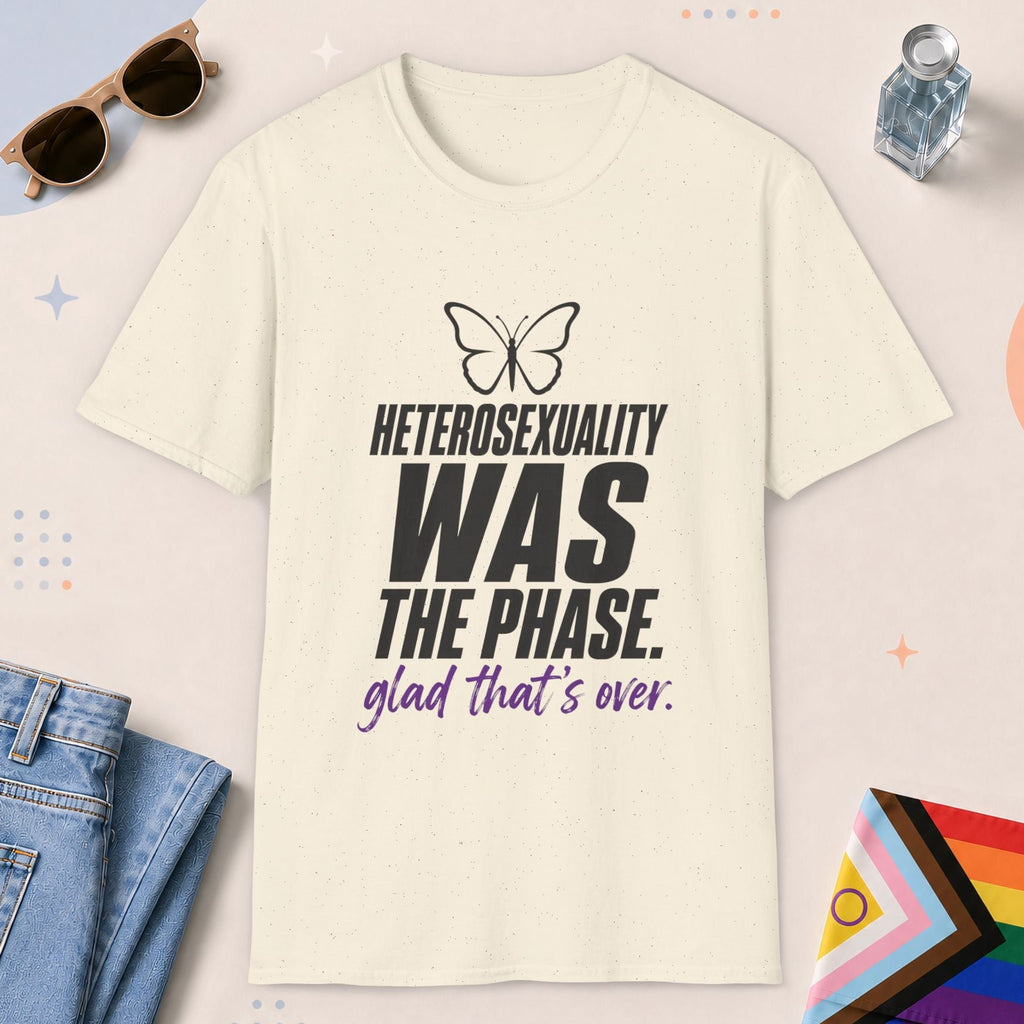 Natural color all-gender graphic t-shirt with "Heterosexuality Phase" design