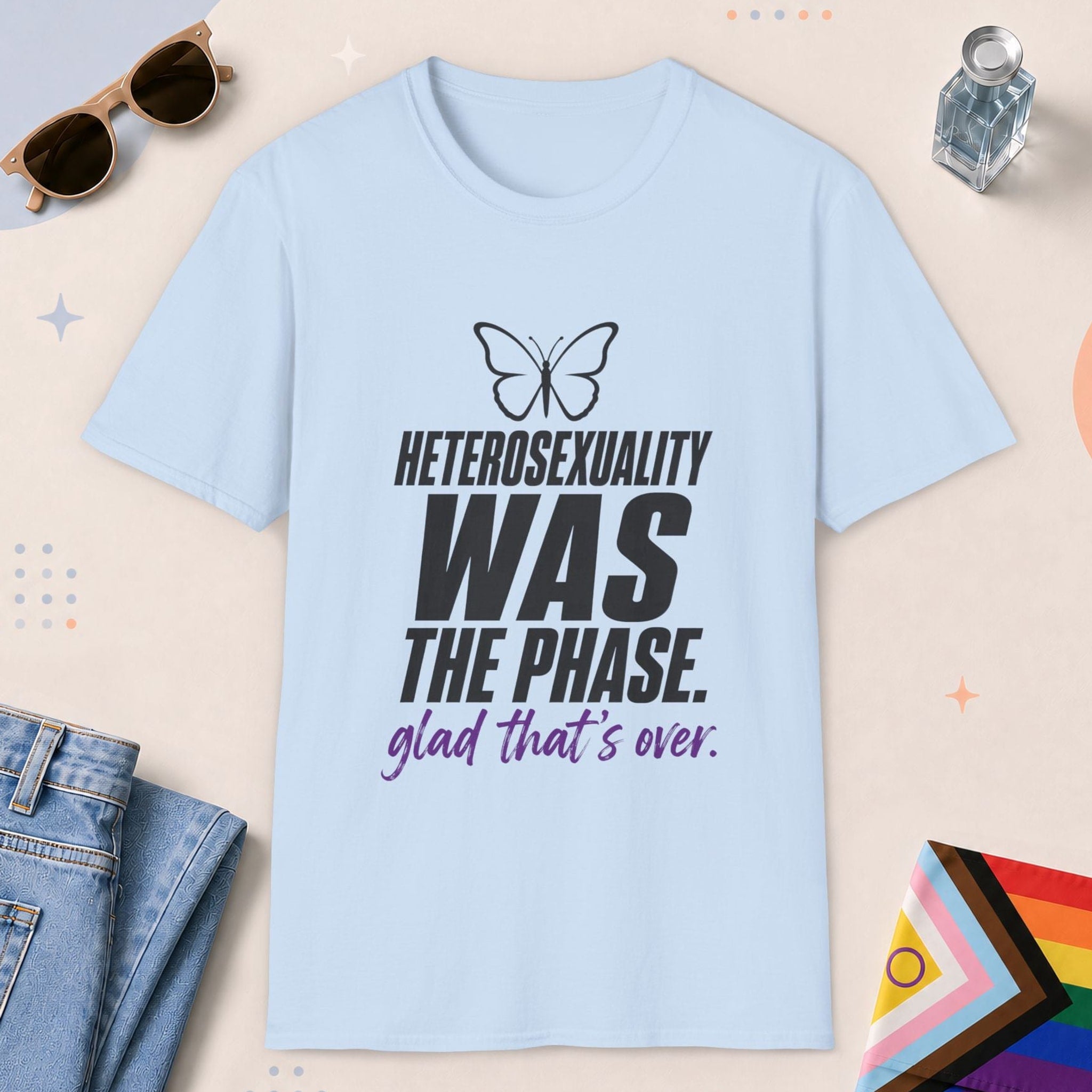 Light Blue color all-gender graphic t-shirt with "Heterosexuality Phase" design