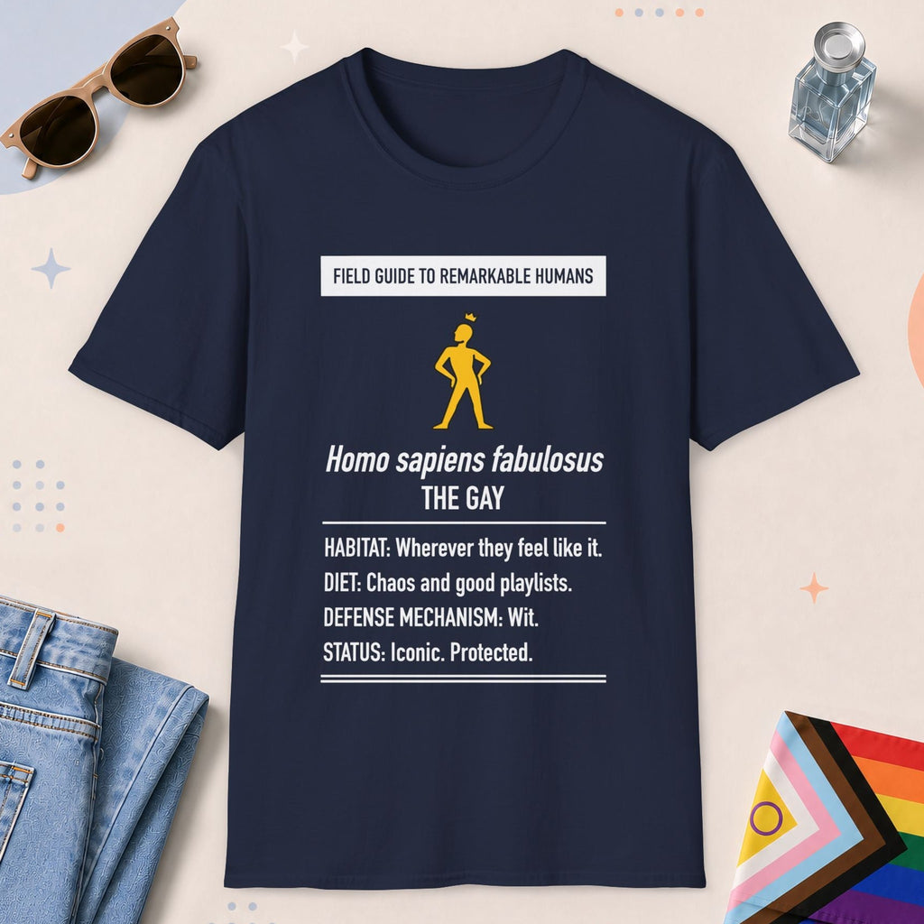 Navy color all-gender graphic t-shirt with "Homo Sapiens Fabulosus" design