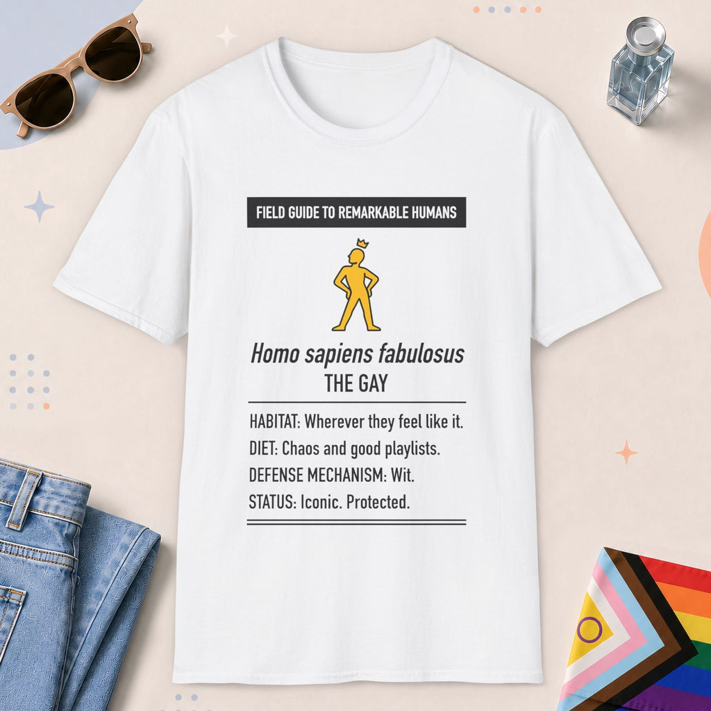 White color all-gender graphic t-shirt with "Homo Sapiens Fabulosus" design