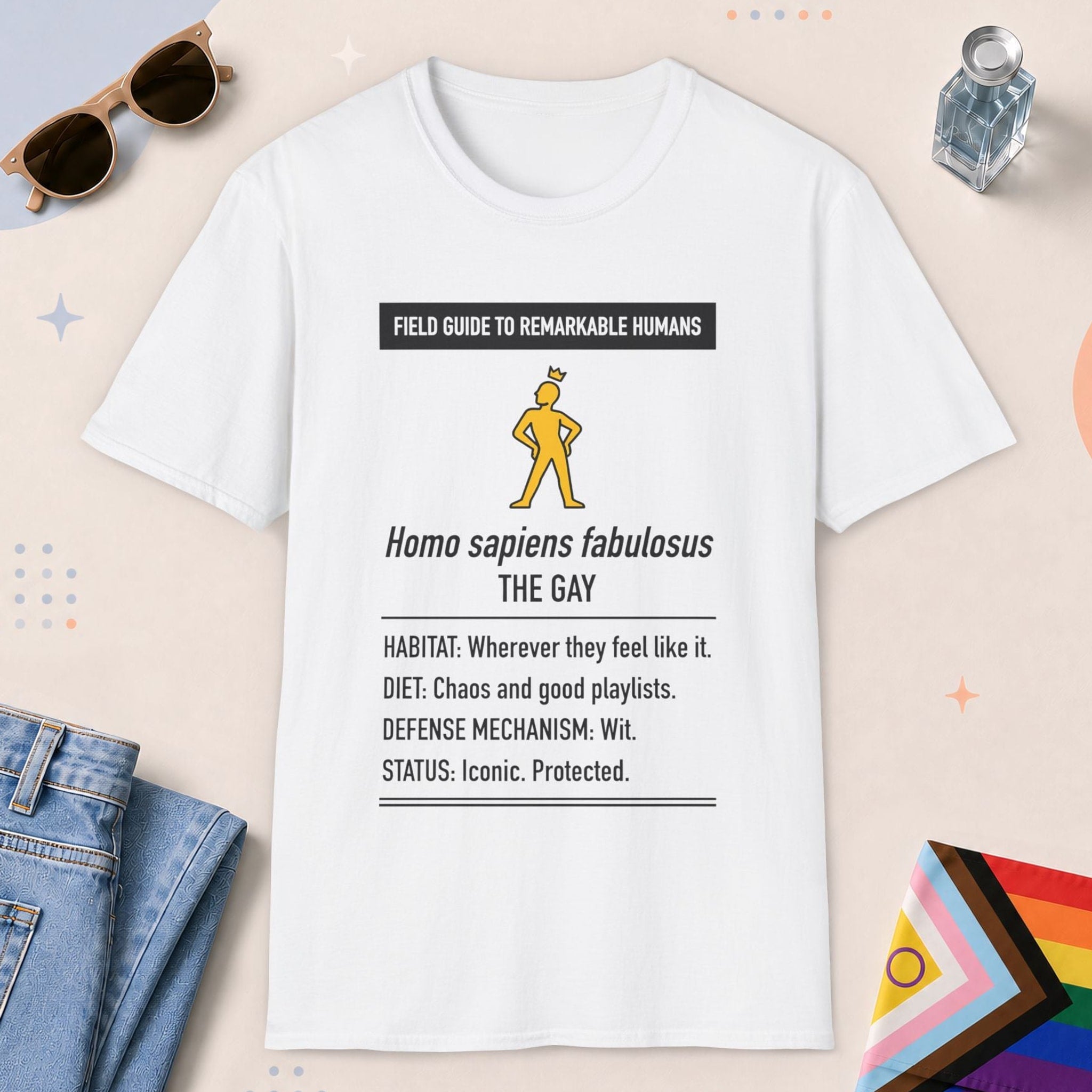 White color all-gender graphic t-shirt with "Homo Sapiens Fabulosus" design