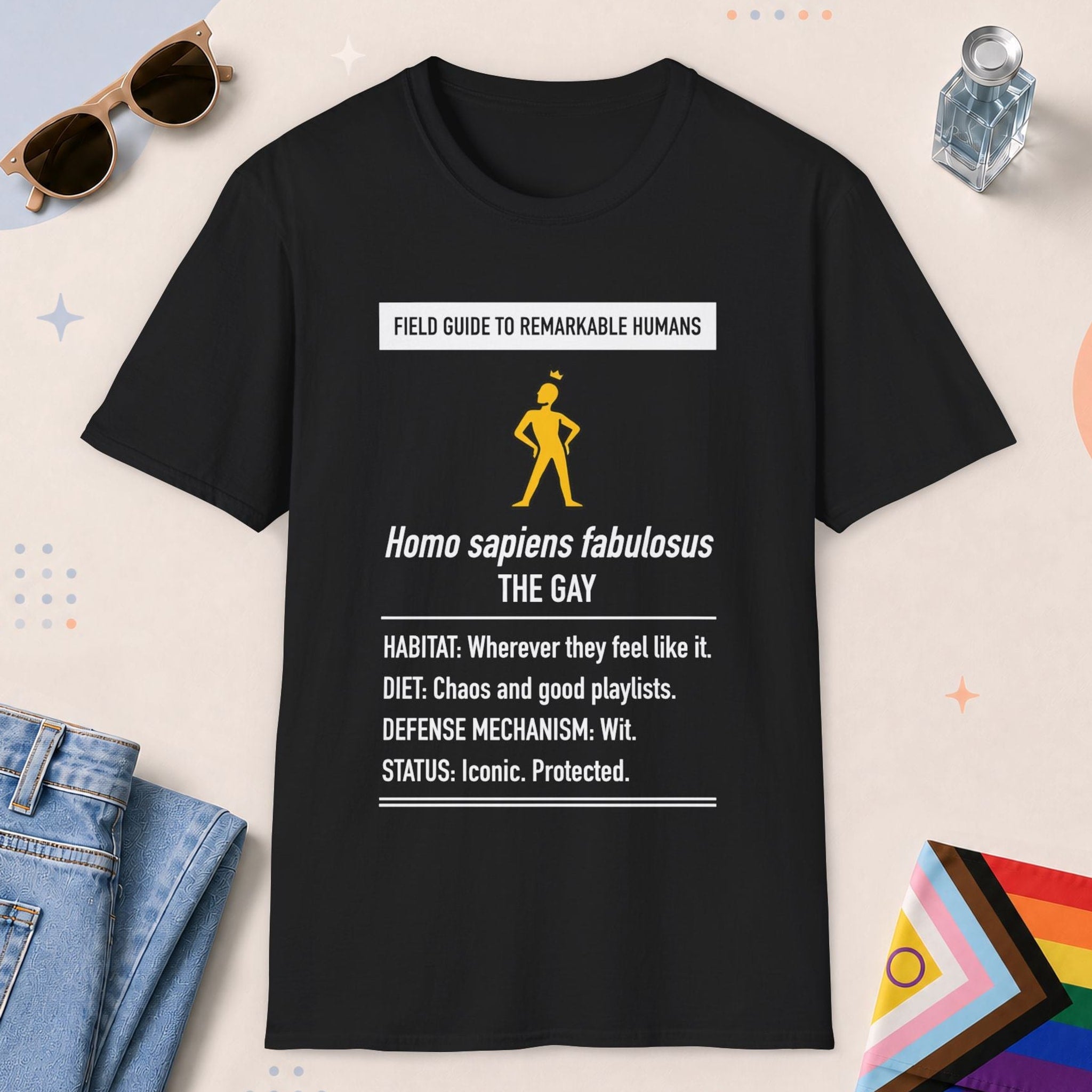 Black color all-gender graphic t-shirt with "Homo Sapiens Fabulosus" design