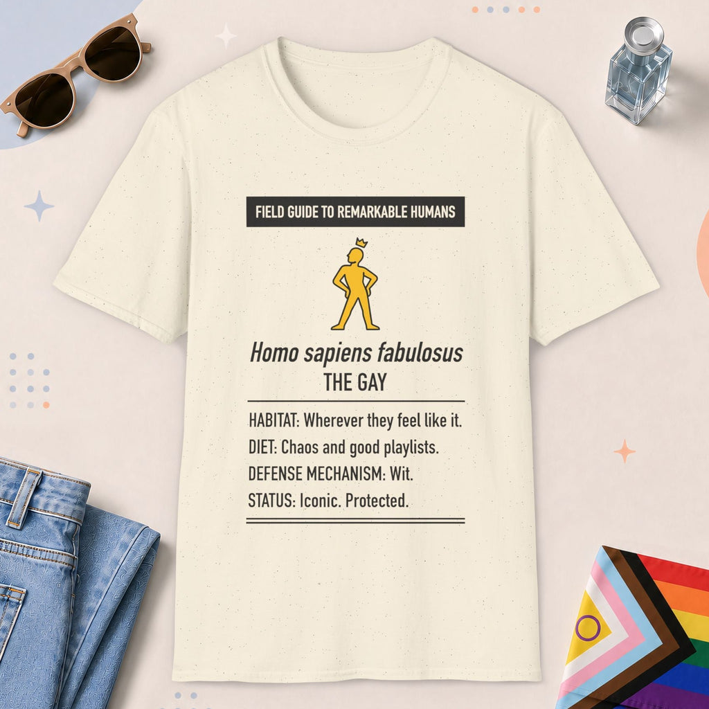 Natural color all-gender graphic t-shirt with "Homo Sapiens Fabulosus" design