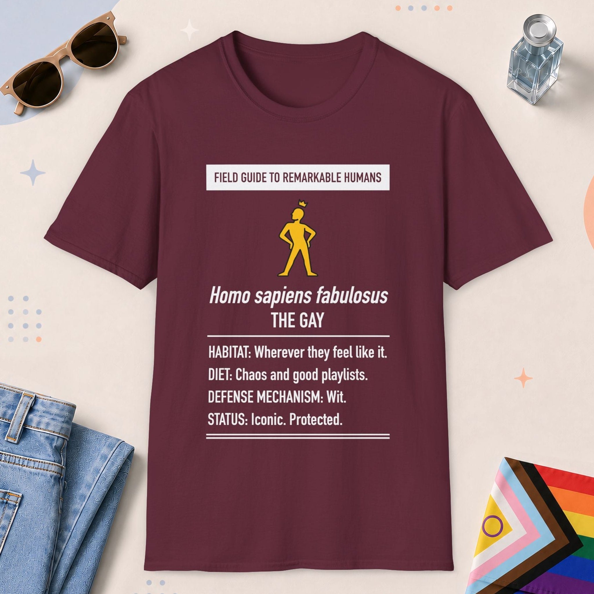 Maroon color all-gender graphic t-shirt with "Homo Sapiens Fabulosus" design