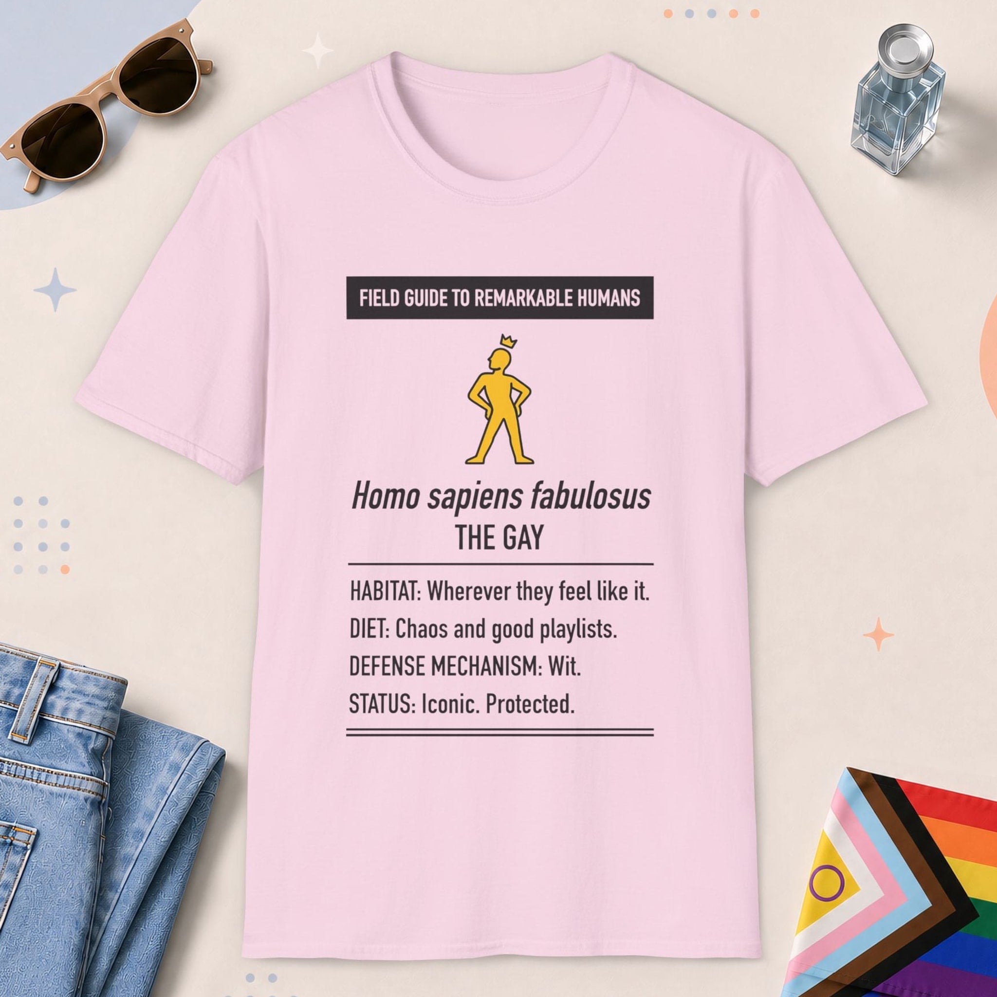 Light Pink color all-gender graphic t-shirt with "Homo Sapiens Fabulosus" design