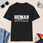 Black color all-gender graphic t-shirt with "Human" design