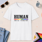 White color all-gender graphic t-shirt with "Human" design