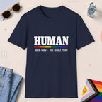 Navy color all-gender graphic t-shirt with "Human" design