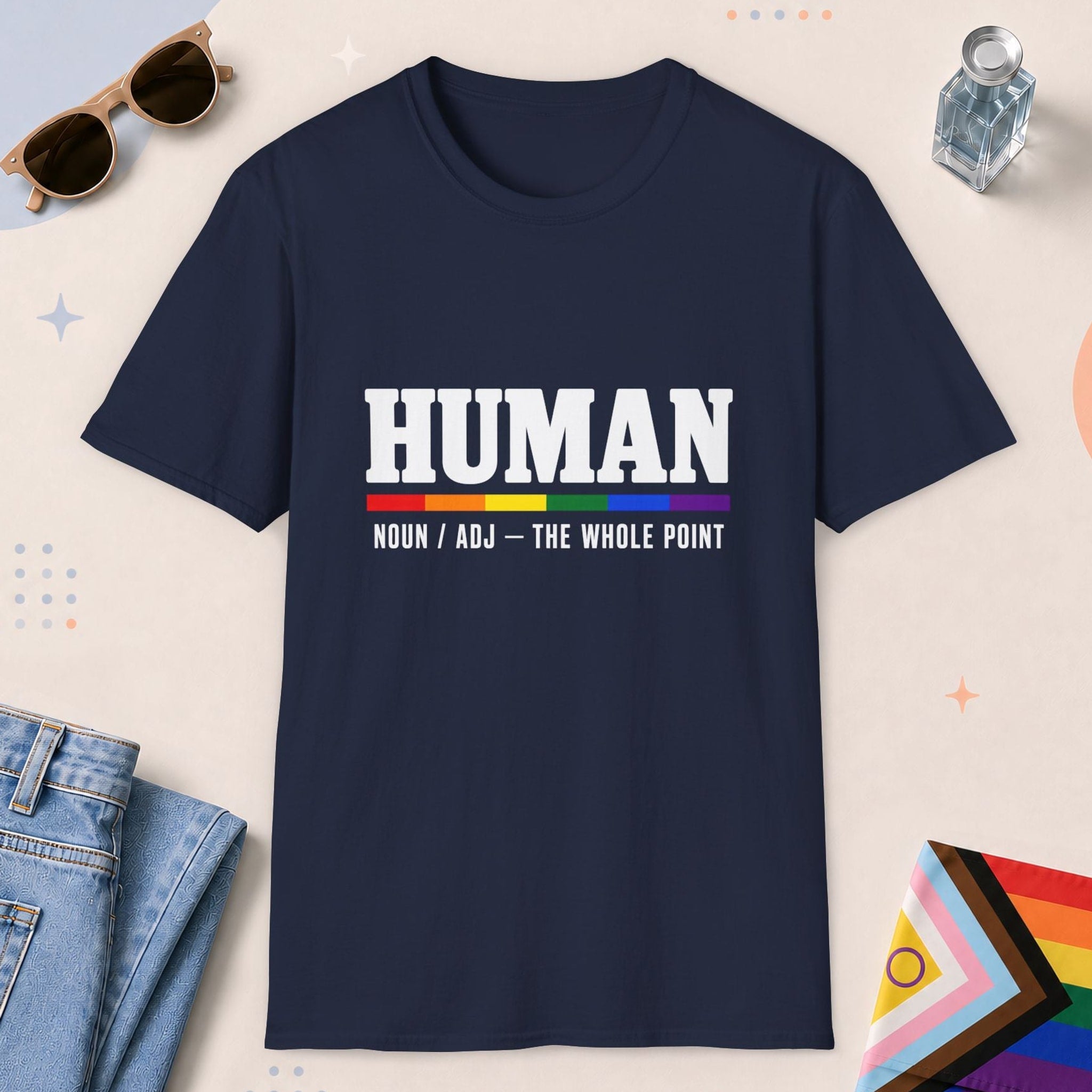 Navy color all-gender graphic t-shirt with "Human" design